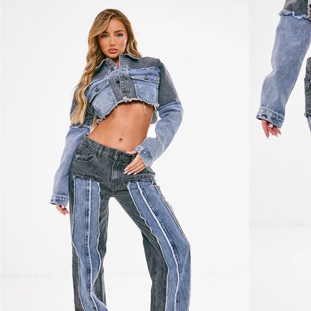 Pretty Little Thing Washed Grey Double Layered Denim Cropped Jacket
